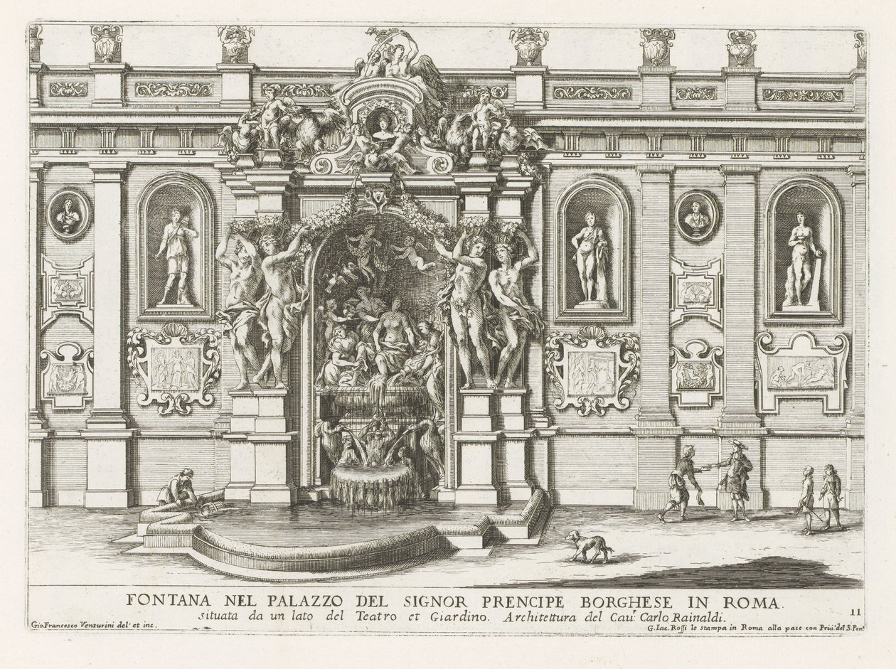 Nymphaeum i binnenplaats av Palazzo Borghese i Rom Fontän i prins Borgheses palats i Rom (...) (titel på objektet) Fontänerna i Roms palats och trädgårdar (serietitel) Fonteinen in de paleizen en tuinen van Rome (serie av Giovanni Francesco Venturini