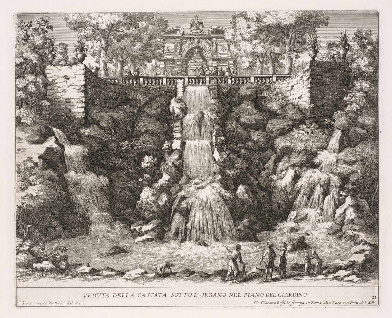 The Fountains of Rome, Bok IV, skylt 21: Vy över kaskaden nedanför orgeln från trädgården. av Giovanni Francesco Venturini