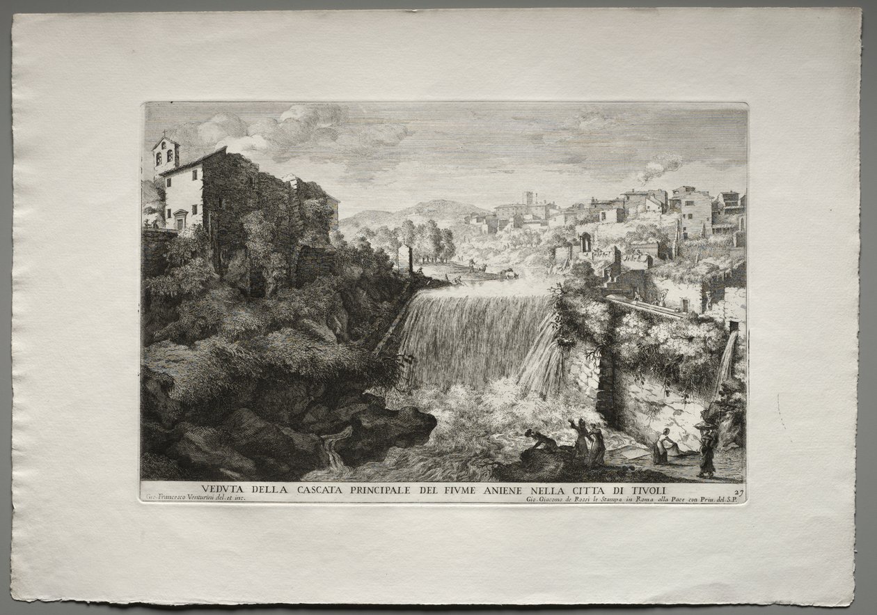 The Fountains of Rome, Bok IV, skylt 27: Vy över huvudkaskaden av floden Aniene i Tivoli. av Giovanni Francesco Venturini