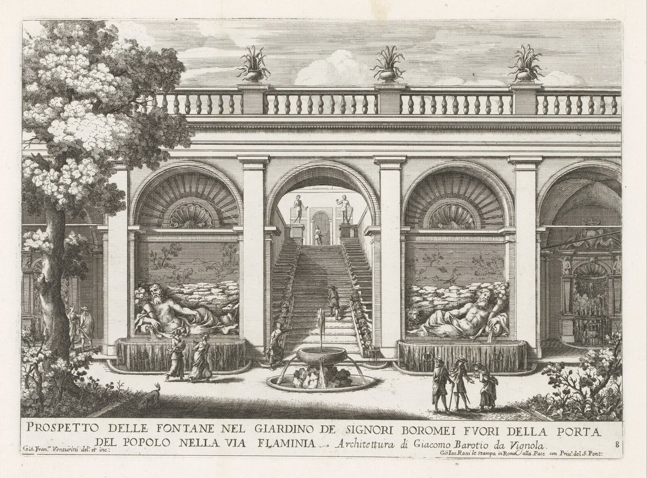 Tuin van een paleis te Rom Prospekt av fontänerna i Boromei-herrarnas trädgård (...) (titel på objektet) Fontänerna i Roms palats och trädgårdar (serietitel) Fonteinen in de paleizen en tuinen van Rome (serietitel) av Giovanni Francesco Venturini