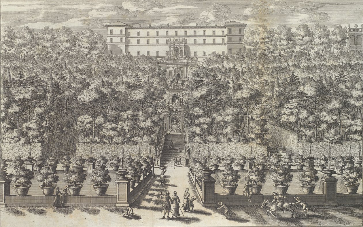 Utsikt över palatset från trädgårdsvåningen med dess fontäner ..., 1691 eller senare. av Giovanni Francesco Venturini