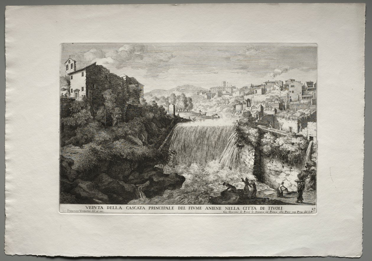 Utsikt över huvudvattenfallet i floden Aniene i staden Tivoli. av Giovanni Francesco Venturini