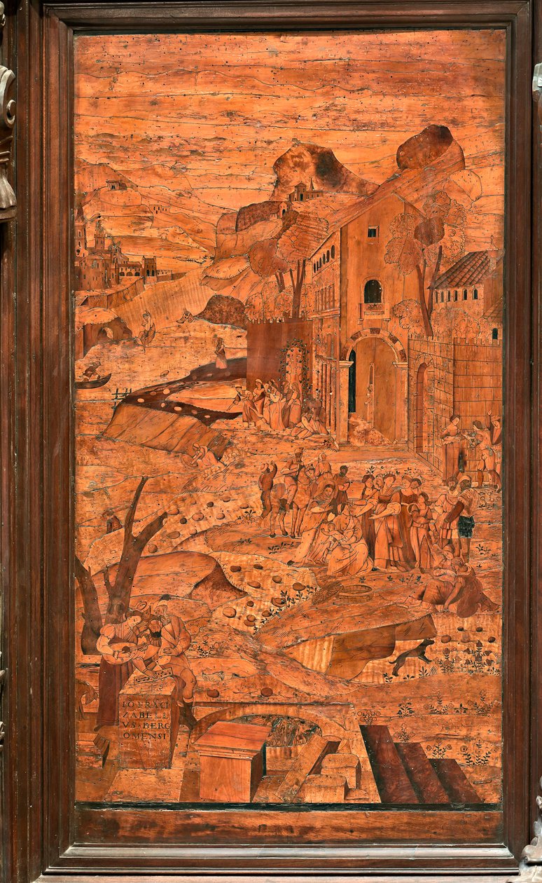 Genua, Duomo (St Lawrence Cathedral), inuti, absid, kör, norra sidan: "Moses räddad från vattnet", träintarsia av Giovanni Francesco Zambelli (XVI-talet) av Giovanni Francesco Zambelli