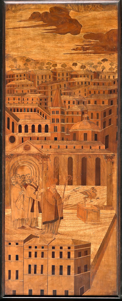 Genua, Duomo (St. Lawrence-katedralen), insida, absid, kör, norra sidan: "St Syrus driver bort basilisken", träintarsia av Anselmo De 