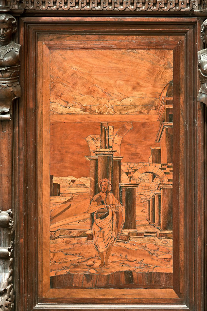 Genua, Duomo (St Lawrence Cathedral), insida, absid, kör, norra sidan: "Baptisten i vildmarken", träintarsia av Giovanni Francesco Zambelli (XVI-talet) av Giovanni Francesco Zambelli