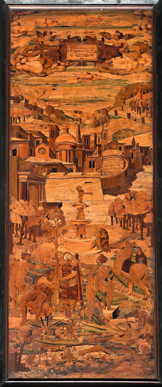 Genua, Duomo (St Lawrence Cathedral), insida, absid, kör, södra sidan: "Allegory", trä intarsia av Giovanni Francesco Zambelli (XVI-talet) av Giovanni Francesco Zambelli