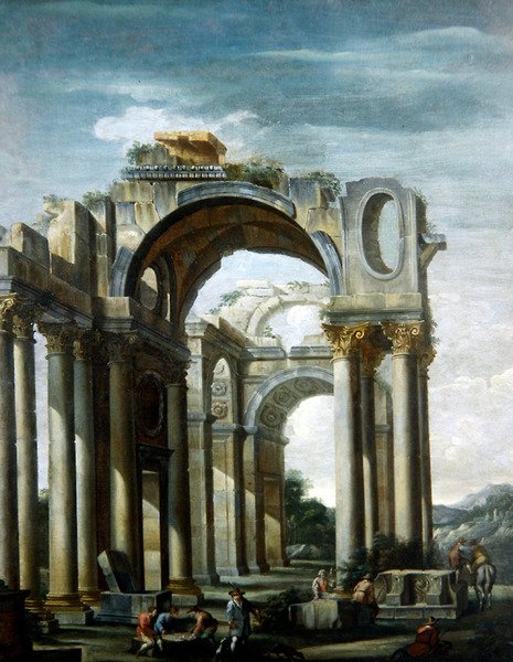 En Capriccio av klassiska ruiner med figurer (olja på duk) av Giovanni Ghisolfi