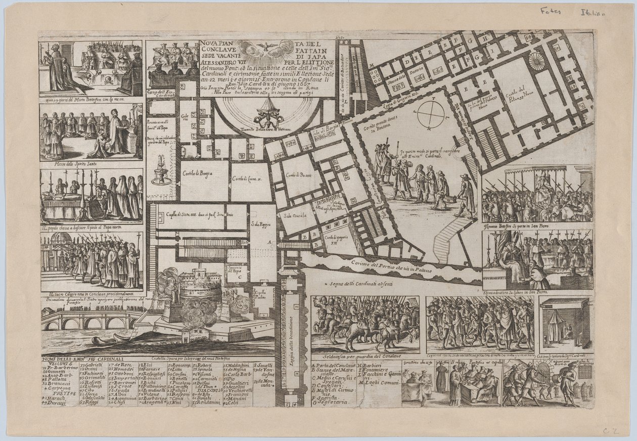 Påvlig konklav efter påven Alessandro VII...s död 1667. av Giovanni Giacomo De Rossi