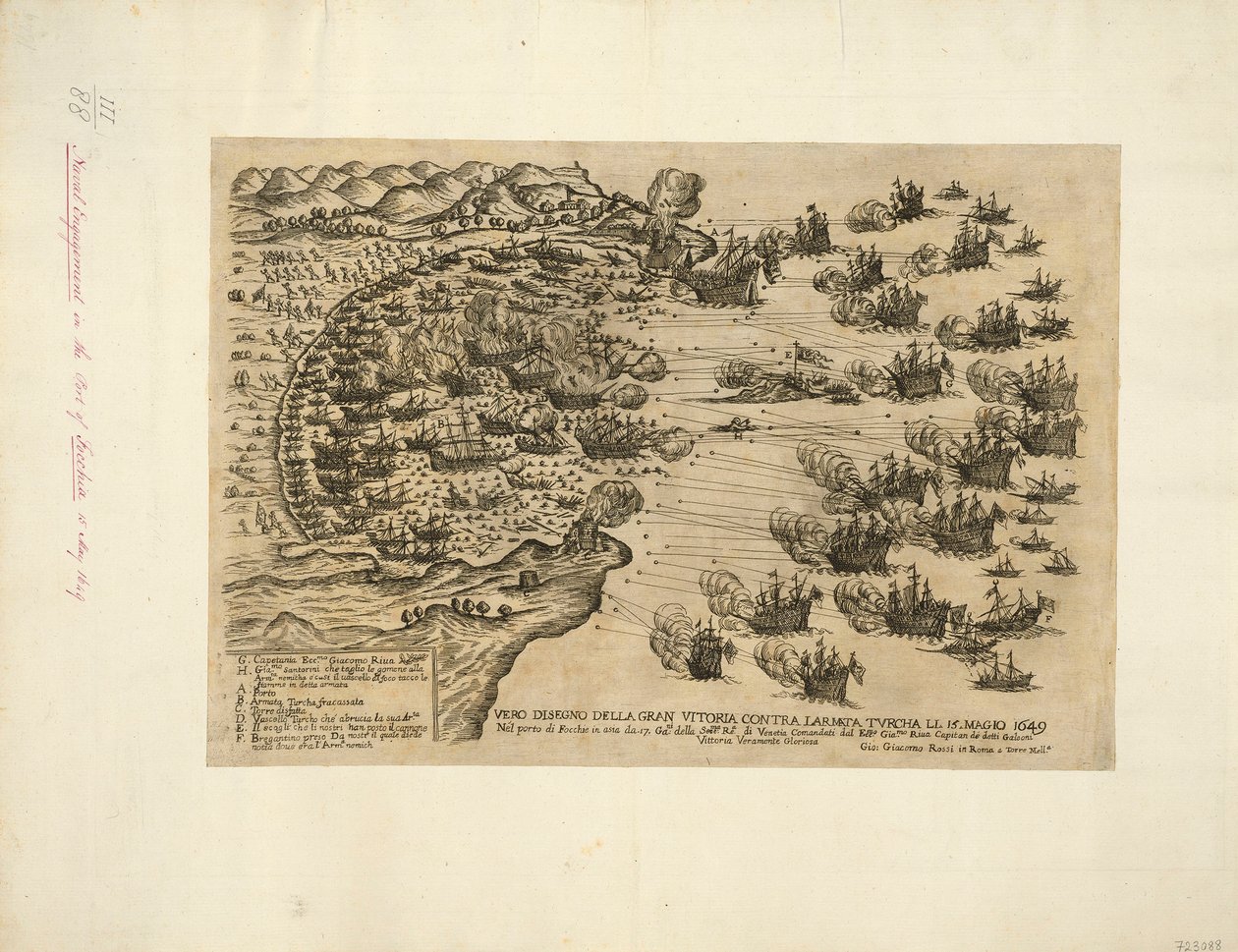 DEN VERKLIGA INNEBÖRDEN AV DEN STORA SEGERN MOT LARMATA TVRCHA LI. 15. MAJ 1649 I hamnen i Focchie i Asien av. 17. Ga:ni of the Sere:ma Re.a of Venetia Befälhavare var Ecc:mo Gia.mo Riua Kapten på nämnda galjoner Verkligen strålande seger av Giovanni Giacomo De Rossi