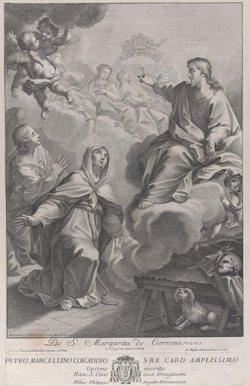 Saint Margarita av Cortona, knästående inför Kristus, efter Pietro Andrea Pucciardi ..., ca. 1702-1741 av Giovanni Girolamo Frezza
