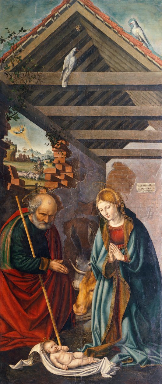 Barnets tillbedjan, central panel i triptyk föreställande Födelsen med helgonet Franciskus och Bartolomeus med två donatorer av Giovanni Girolamo Savoldo