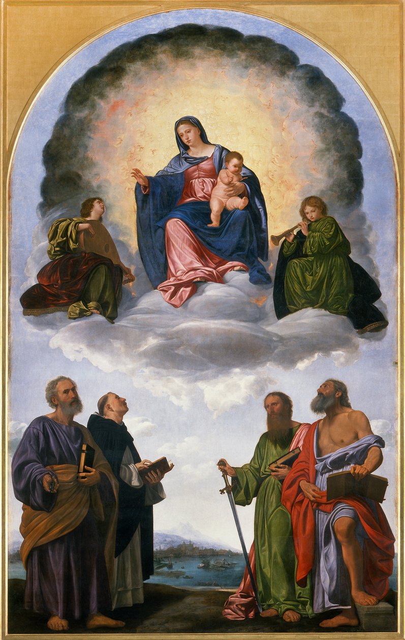 Madonna i ära med Kristusbarnet, två änglar musiker, St. Peter, St. Dominic, St. Paul och St. Hieronymus (Pesaro altartavla) av Giovanni Girolamo Savoldo