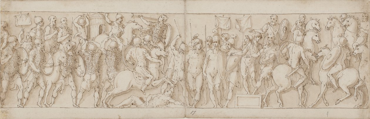 En sarmatisk by förstörs under kejsarens ögon (XCVIII och början av IC); barbarer ser på från en läktare (CVI); Marcus Aurelius tar emot en riden tysk budbärare till häst (CVII) av Giovanni Guerra
