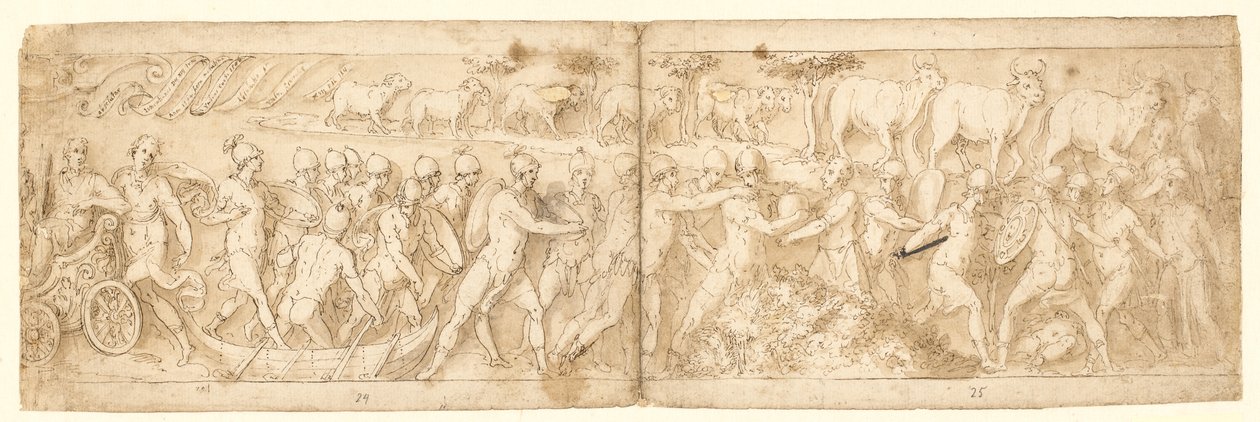 Barbarflyktingar och deras djur förs ut ur deras gömställe (CXVI); uppe till vänster i slutet av en kartusch med en rullning (Guerras eget tillägg) av Giovanni Guerra