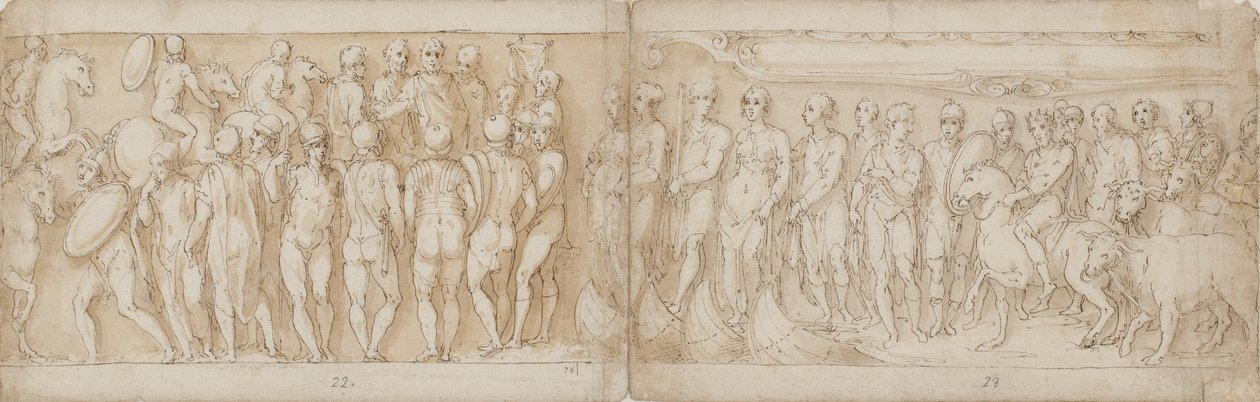 Barbarianer hyllar kejsaren (CXIV); Tyskarna och sarmaterna förs över Donau med fartyg (tolkas annorlunda av Guerra; CXV) av Giovanni Guerra