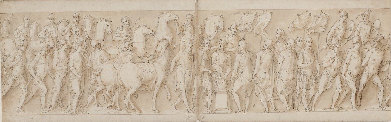 Tillfångatagna kvinnor förs bort (slutet av LXXIII); parad av livräddarna (LXXIV); Marcus Aurelius offrar vid ett altare (LXXV); Marcus Aurelius tittar på en attack (början av LXXVI) av Giovanni Guerra
