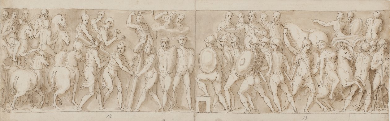 Slut på en marsch av kejsaren med hans legionärer och vakter (slutet av XCIII); romarna bygger ett läger (början av XCIV); romarna på marsch med kejsaren (XXXV / XXXVI) av Giovanni Guerra