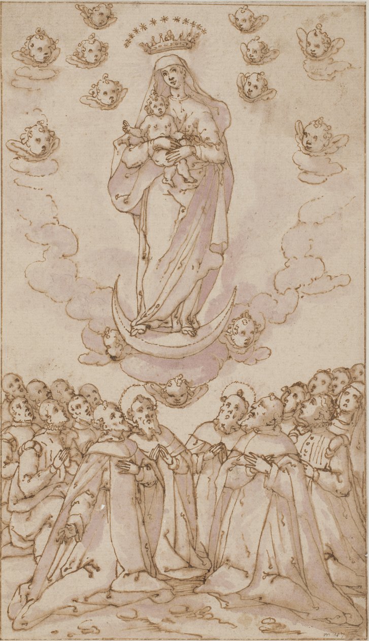 Madonna och barn på en halvmåne som verkar för en grupp helgon, präster och lekmän av Giovanni Guerra
