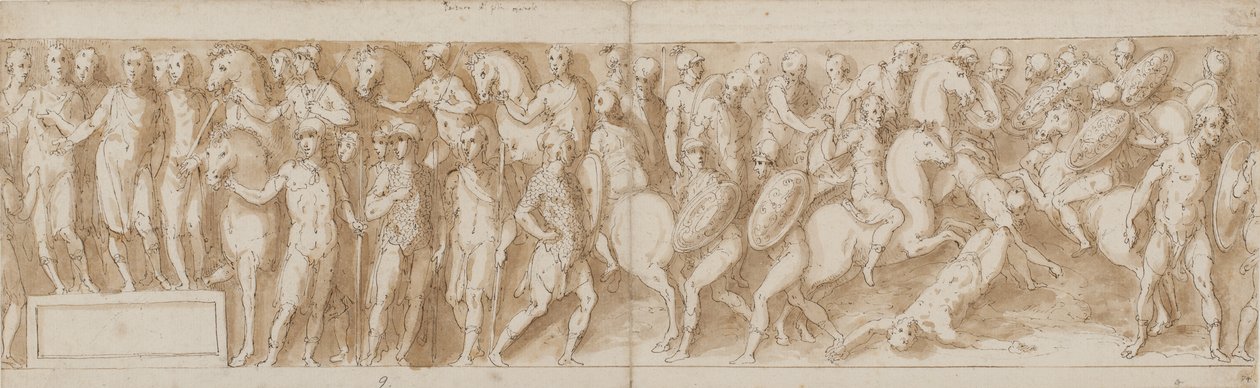Marcus Aurelius tar emot en rapport om tillfångatagandet av kvinnorna (LXXXVI); Marcus Aurelius anländer från en marsch (LXXXVII); en tysk hövding tas bort (LXXXVIII); hövdingens sista män faller (från en bro som Guerra inte har återgett) (LXXXIX) av Giovanni Guerra
