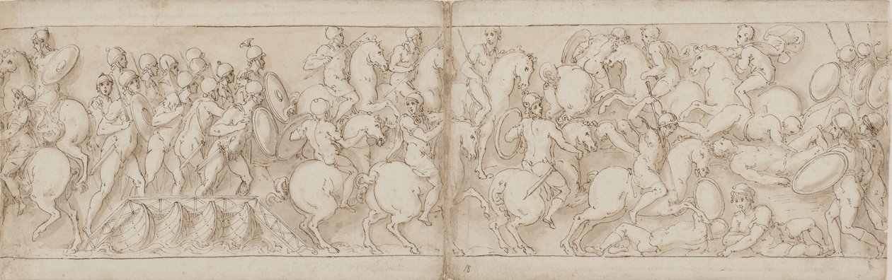 Marcus Aurelius ger sig ut över en kaj med infanteri och kavalleri (CVIII); sarmaterna stöts tillbaka av framryckande romare (CIX) av Giovanni Guerra