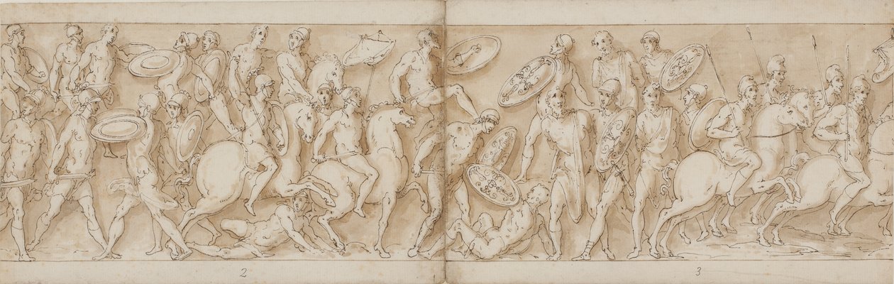 romersk attack (slutet av LXXVI); barbarhövdingar tas till fånga (LXXVII); avfärd för en strid med sarmaterna (början av LXXVIII) av Giovanni Guerra