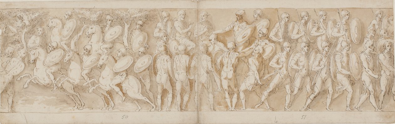 romerskt kavalleri (LXV); ett avhugget huvud (tolkat som en fånge av Guerra) och en tysk fånge ställs inför kejsaren (LXVI); Romarna på frammarsch (LXVII) av Giovanni Guerra