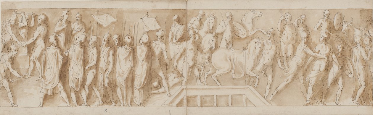 Romerska soldater som bygger ett läger (slutet av LXXXII); en adress (LXXXIII); Romare som korsar en flod på en pontonbro (LXXXIV); kvinnor tas till fånga (början av LXXXV) av Giovanni Guerra