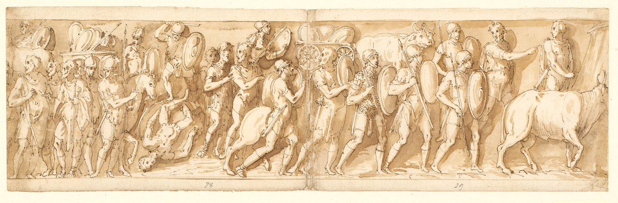Romarna på marschen (XXXVI); Marcus Aurelius, Pompeius och en assistent tittar på marschen (XXXVII); ett stopp på marschen (XXXVIII) av Giovanni Guerra