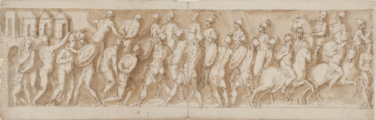 Sarmatiska ledare tillfångatas av överraskning och deras hus sätts i brand av romarna (CII); ankomsten av legionärer och kejsaren (utelämnad av Guerra) (CIII) av Giovanni Guerra
