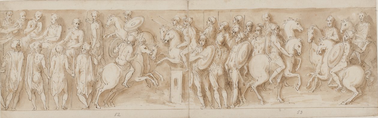 Sarmatians före det kejserliga rådet (slutet av LXII, början av LXIII); omgivna av vakter ser Marcus Aurelius och Pompeius till häst en skärmytsling (XC); Tyska adelsmän kommer med ett budskap (upp till mitten av XCI) av Giovanni Guerra