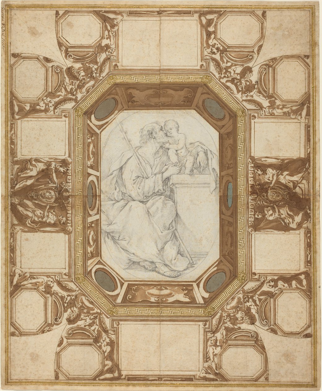 Tak med allegoriska figurer och påven Sixtus V:s vapen (Guerras yttre teckning); Saint Joseph and the Christ Child (Vianis centrala teckning) av Giovanni Guerra and Domenico Maria Viani
