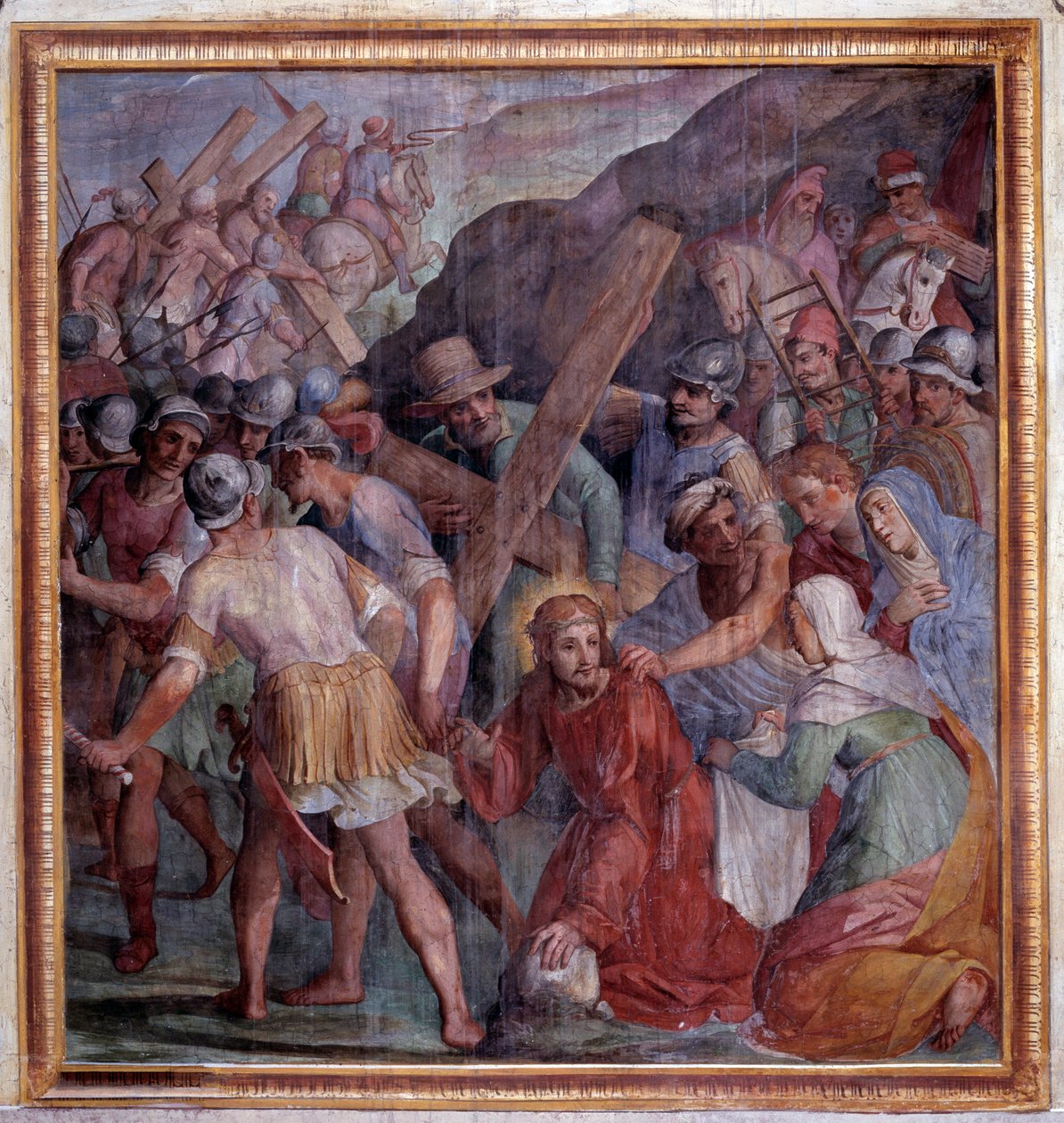 Passion of Christ: Fallet på vägen till Golgata (Fresco av Giovanni Il Cosci Balducci