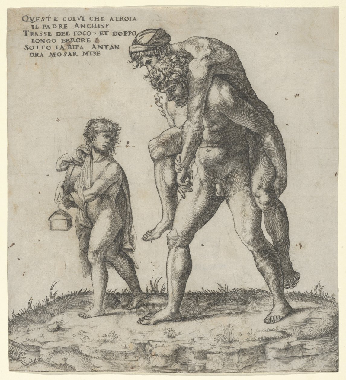 Aeneas räddar Anchises, en ung pojke som bär en lykta till vänster, ca. 1525., ca. 1525. av Giovanni Jacopo Caraglio