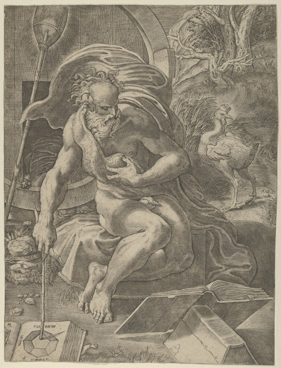 Diogenes satt med sin tunna bakom sig och läste en bok medan han höll en sticka..., ca. 1526-27. av Giovanni Jacopo Caraglio