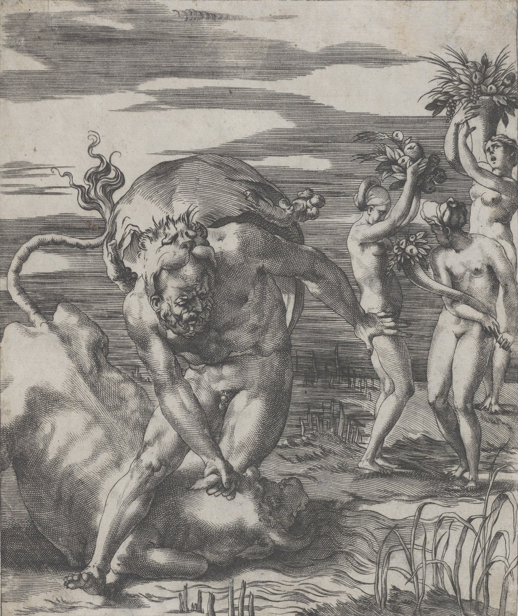 Hercules besegrar flodguden Achelous i form av en tjur, med tre kvinnor t..., ca. 1526-27. av Giovanni Jacopo Caraglio