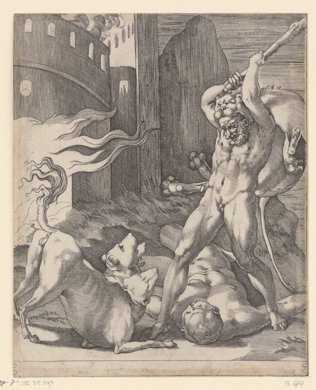 Hercules slåss mot Cerberus Scener med Hercules (serietitel) av Giovanni Jacopo Caraglio