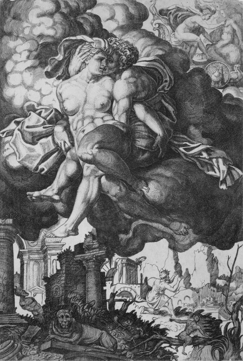 Ixion försöker förföra Juno, omgiven av moln med ruiner nedanför, ca. 1520-39. av Giovanni Jacopo Caraglio