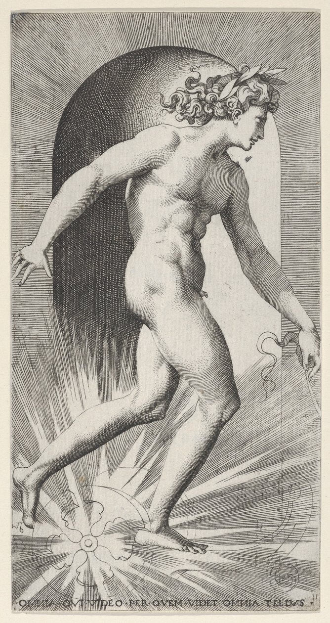 Plåt 11: Apollo åker sin vagn i en nisch, vänd åt höger, från en serie mythologica..., 1526. av Giovanni Jacopo Caraglio