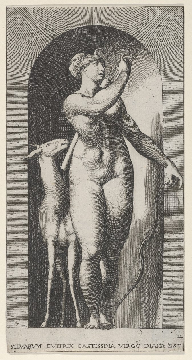 Plåt 12: Diana står i en nisch, vrider sig till vänster och drar en pil ur en qu..., 1526. av Giovanni Jacopo Caraglio