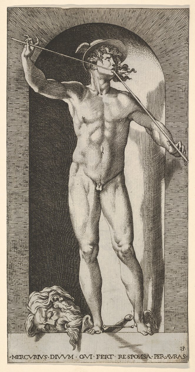 Plåt 14: Merkurius står i en nisch och spelar sina pipor, med det avhuggna huvudet av en gammal m..., 1526. av Giovanni Jacopo Caraglio