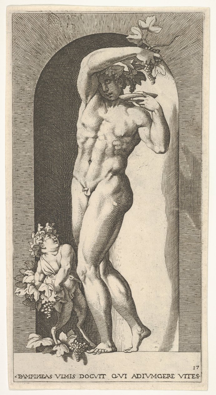Tallrik 17: Bacchus står i en nisch och håller druvor över en tallrik, åtföljd av en infa..., 1526. av Giovanni Jacopo Caraglio