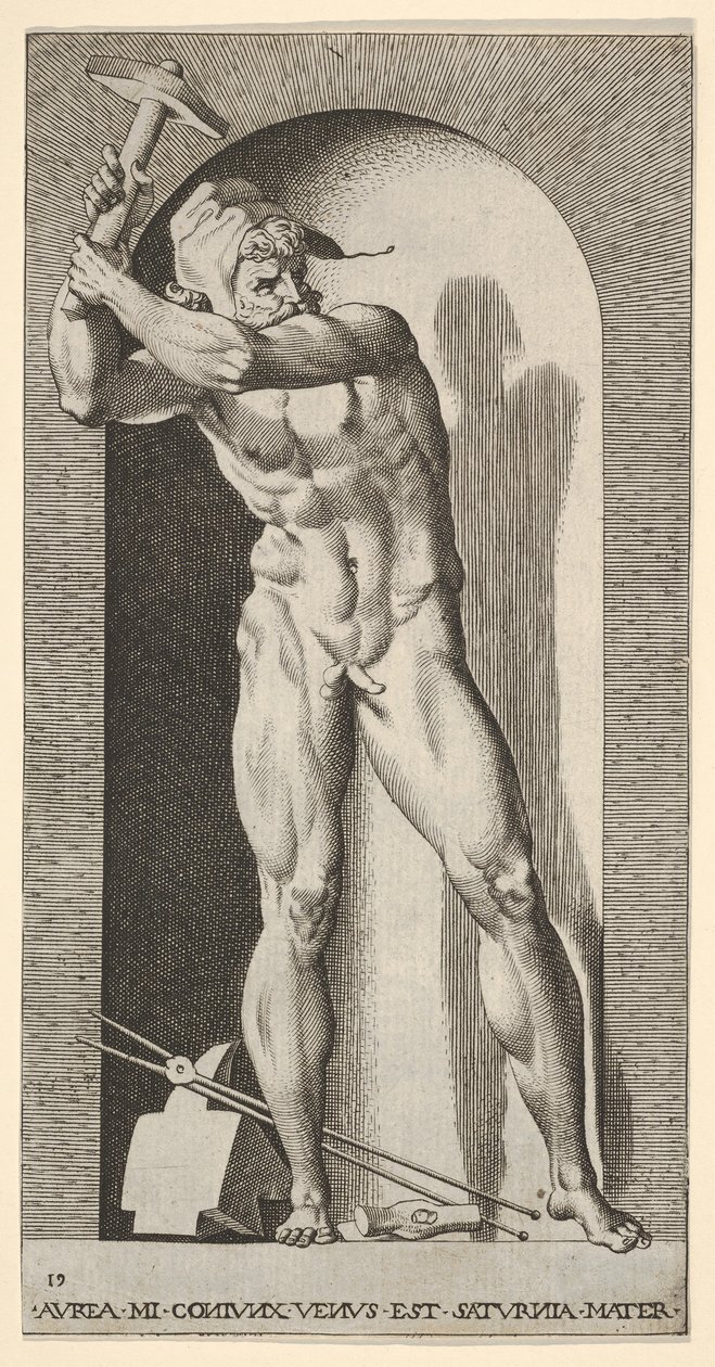 Plåt 19: Vulcan står i en nisch och svingar en hammare, med ett städ, hammare och tång a..., 1526. av Giovanni Jacopo Caraglio