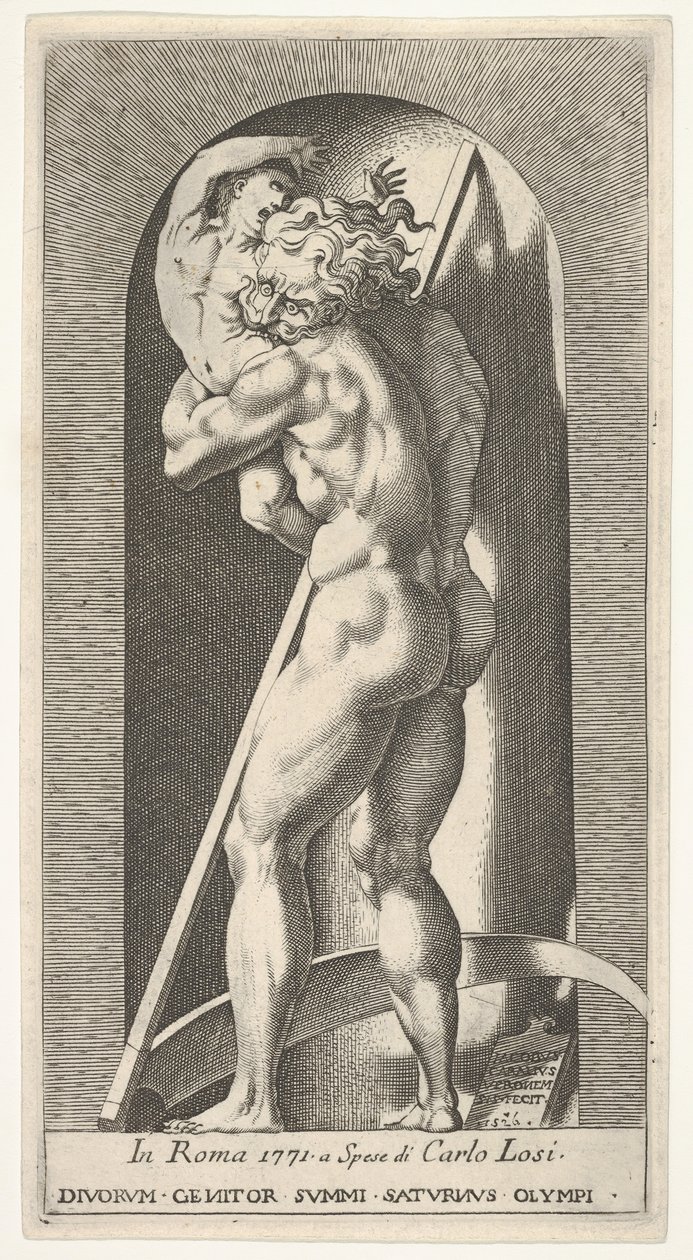Plåt 1: Saturnus i en nisch som slukar sin son, stående framför en lie, från en serie m..., 1526. av Giovanni Jacopo Caraglio