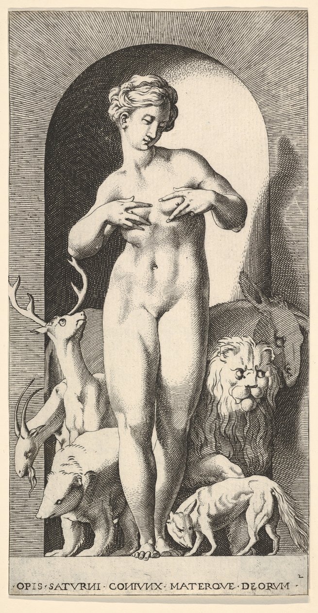 Plåt 2: Ops som står i en nisch med händerna vid sina bröst, tittar till vänster om henne, med ..., 1526. av Giovanni Jacopo Caraglio