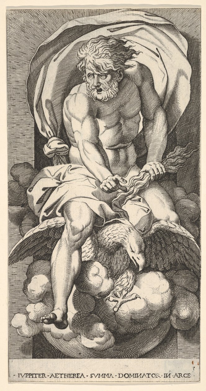 Plåt 3: Jupiter dyker upp ur en nisch, rider på en örn och håller en åskbult i sin l..., 1526. av Giovanni Jacopo Caraglio