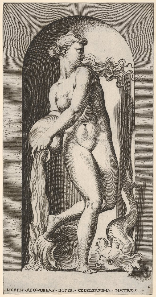 Plåt 6: Thetis står i en nisch med ett skal och en havsdjur och häller vatten ur en ..., 1526. av Giovanni Jacopo Caraglio