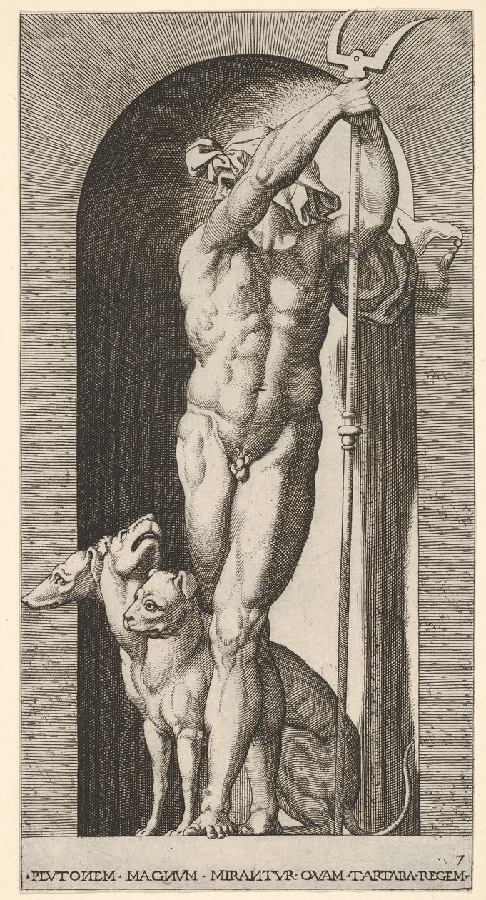 Plåt 7: Pluto i en nisch, med en bident, med Cerberus bredvid sig, från en serie m..., 1526. av Giovanni Jacopo Caraglio