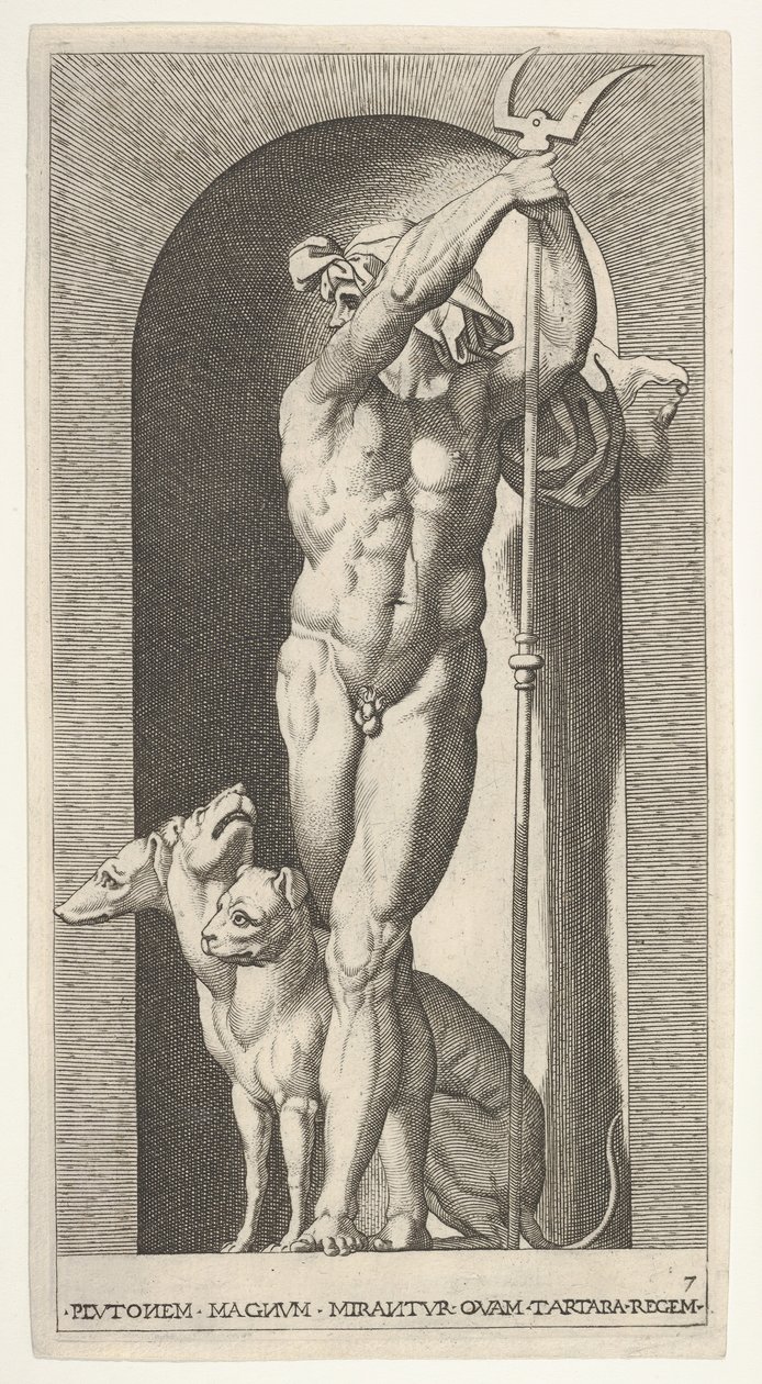 Plåt 7: Pluto i en nisch, med en bident, med Cerberus bredvid sig, från en serie m..., 1526. av Giovanni Jacopo Caraglio