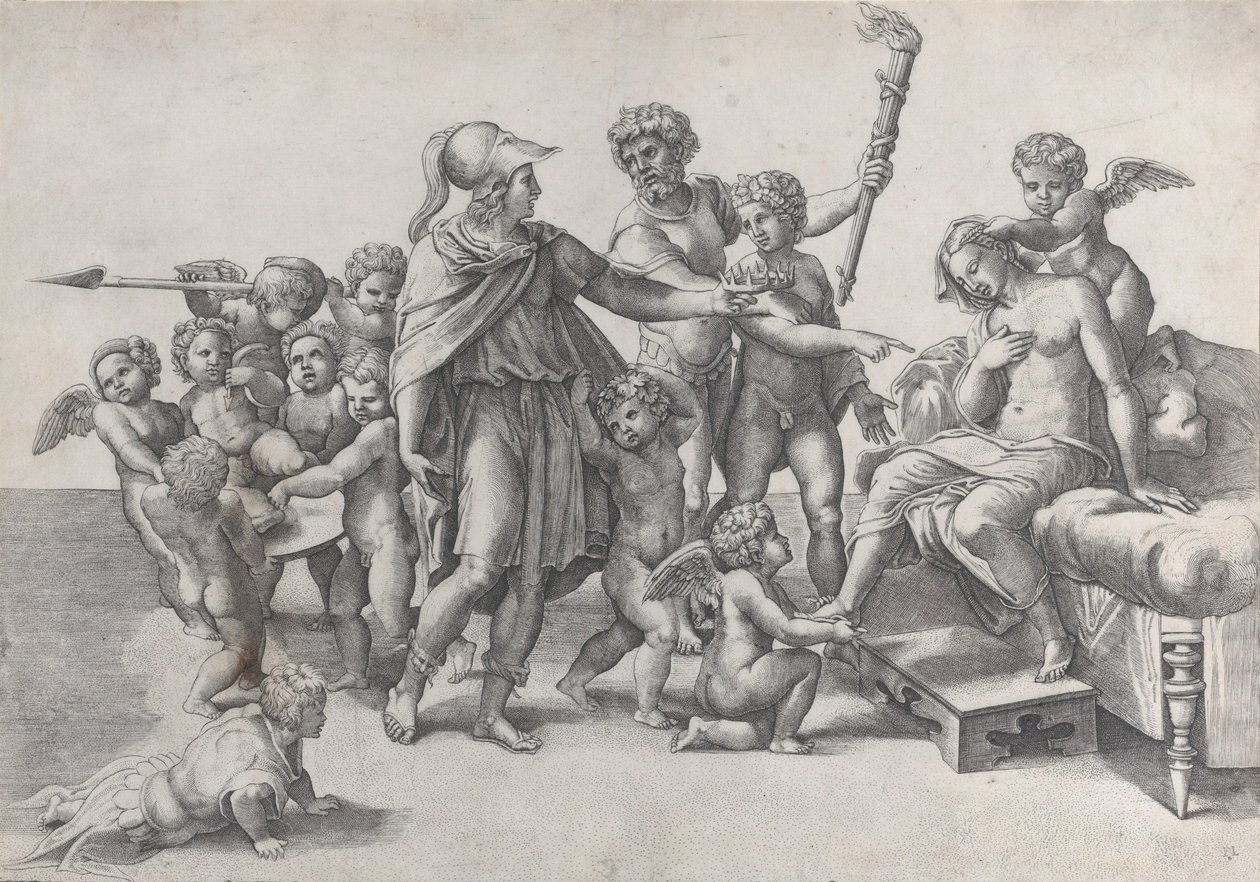 Alexander och Roxanas äktenskap, Alexander omgiven av putti, erbjuder en krona t..., 1520-39. av Giovanni Jacopo Caraglio