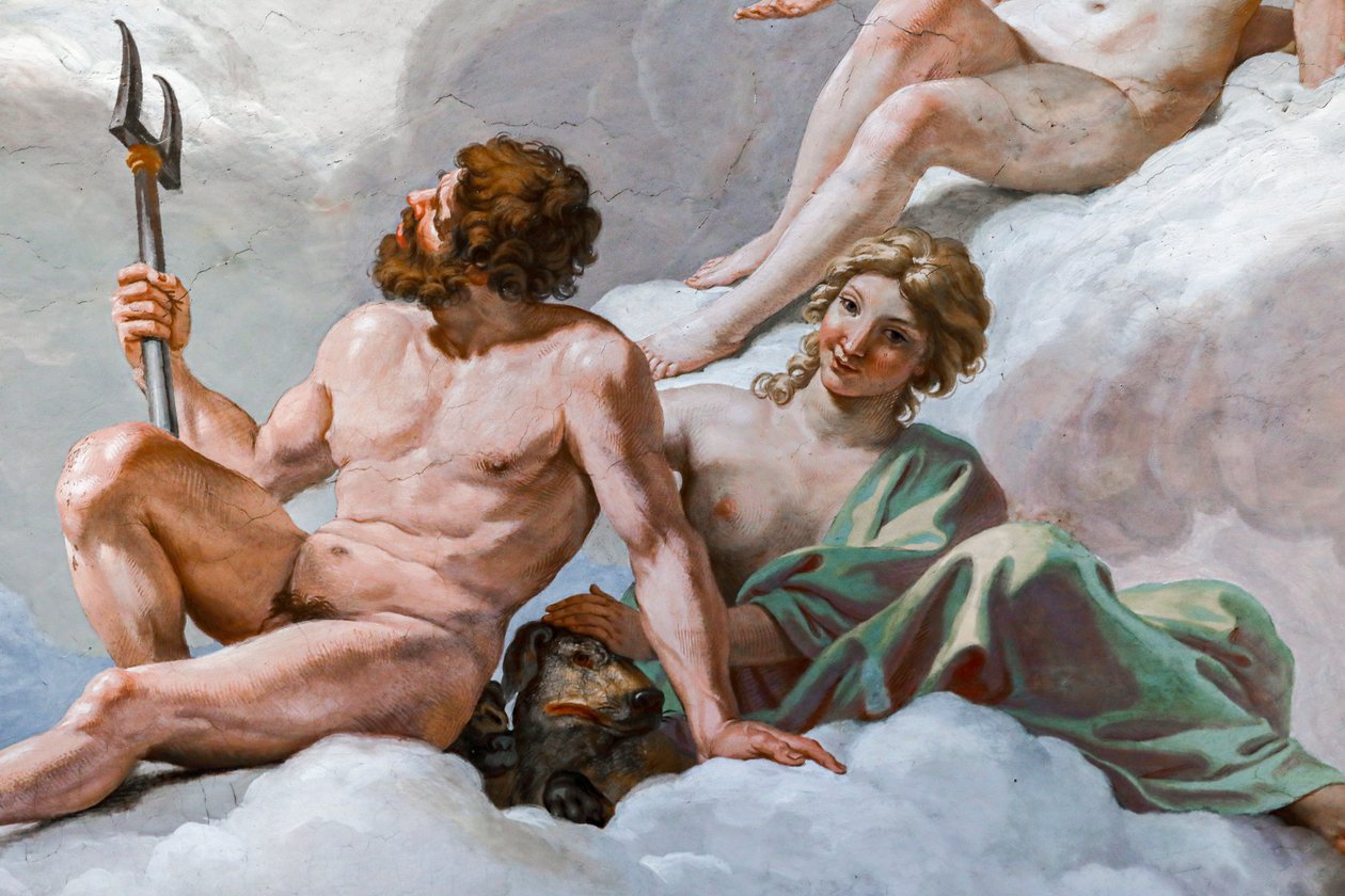 Pluto, underjordens gud, och hans fru, Prosperine. Detalj av "Gudarnas råd" 1624-1625. fresk av Giovanni Lanfranco